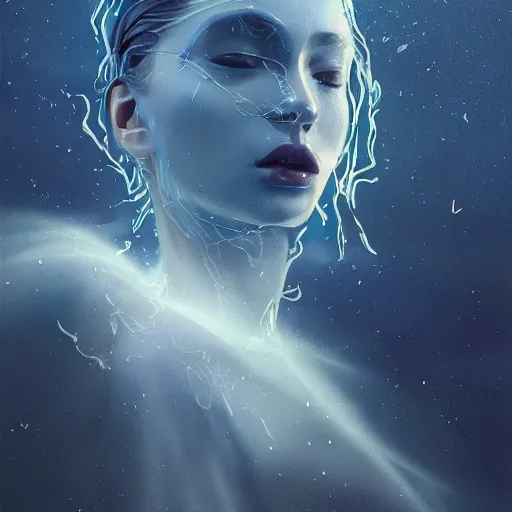 Image similar to sci - fi, close - up, 3 d, moon rays, night, sleepy fashion model face, cinematic, clouds, sun rays, vogue cover style, poster art, blue mood, realistic painting, intricate oil painting, high detail illustration, figurative art, multiple exposure, water, 3 d, by tooth wu and wlop and beeple and greg rutkowski