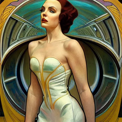 Image similar to a streamline moderne painting in the style of donato giancola, and in the style of charlie bowater, and in the style of alphonse mucha. symmetry, smooth, sharp focus, semi - realism, intricate detail.