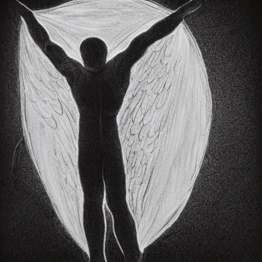 Prompt: A glowing angel in the shape of a man made of string, biblical, charcoal drawing