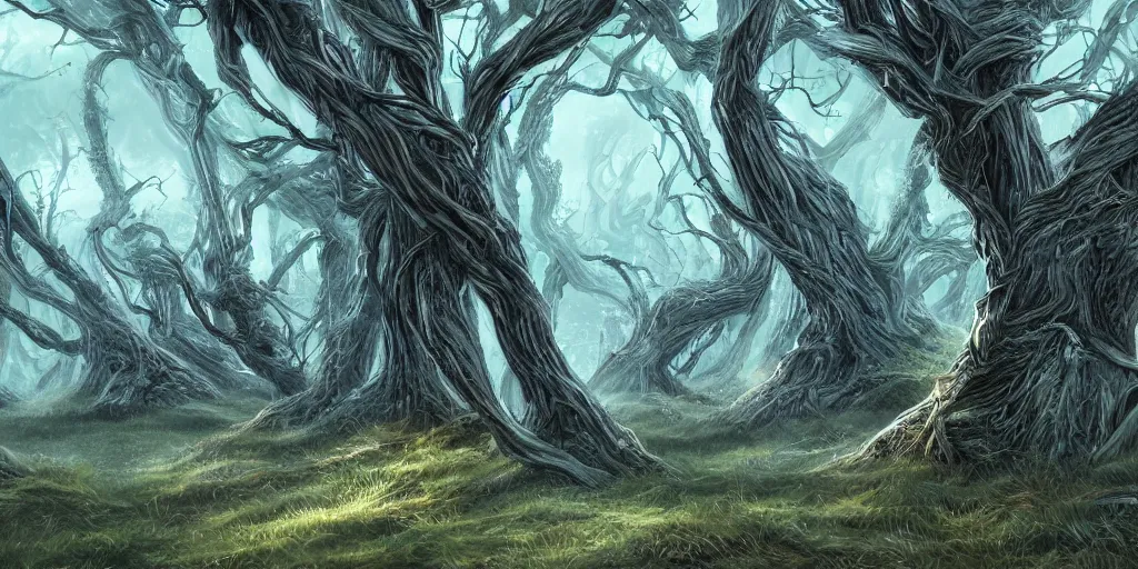 Prompt: forest of windswept windswept windswept trees, high quality fantasy art, 4k