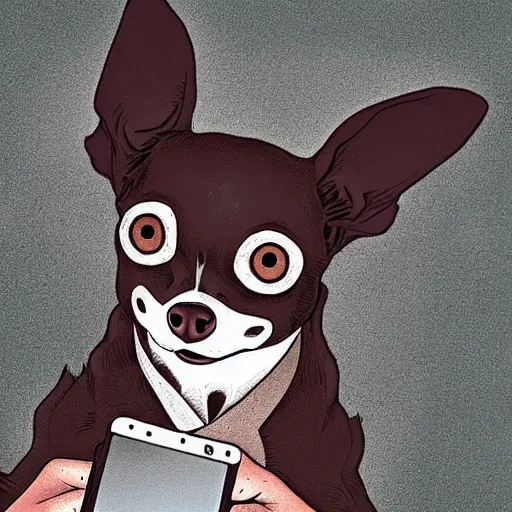 Prompt: a dark brown chihuahua, hyper detailed, in the style of junji ito and berserk, selfie shot straight on angle