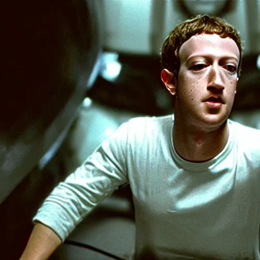 Image similar to a broken mark zuckerberg android leaking white fluid on the spaceship Nostromo from the movie Alien.