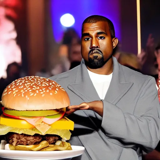 Prompt: kanye west holding a giant cheeseburger