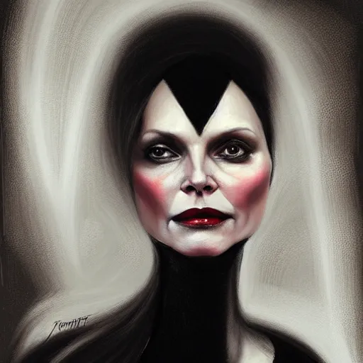 Prompt: portrait of Michelle Pfeiffer as vampire queen by Tom Bagshaw and Guy Denning