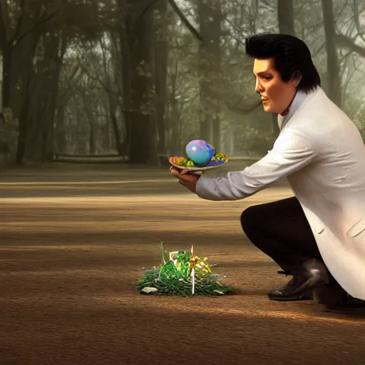 Image similar to hyperrealistic dslr film still of elvis on an easter egg hunt, stunning 8 k octane comprehensive 3 d render, inspired by istvan sandorfi & greg rutkowski & unreal engine, perfect symmetry, dim volumetric cinematic lighting, extremely hyper - detailed, extremely lifelike attributes & lifelike texture, intricate, masterpiece, artstation, stunning