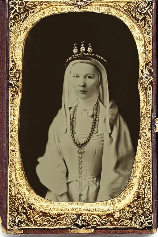 Image similar to a wet plate photo of a ferret dressed as anne boleyn, wearing a crown, wearing a robe