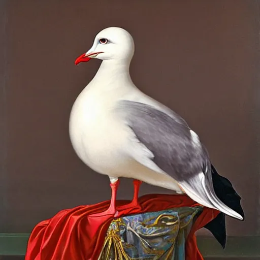 Prompt: the royal king's gull with long hair by greg hildebrant fancy rococo baroque regal oil painting high quality award winning clothed in fancy garb