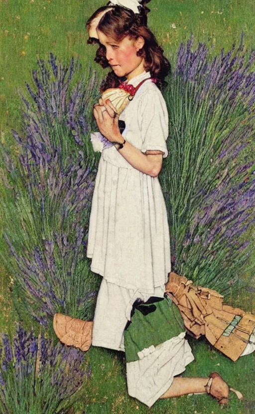 Prompt: norman rockwell style, woman!!! brown hair!! lavender field! crescent moon