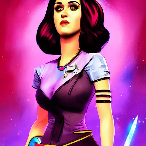 Image similar to katy perry portrait, borderlands, tales from the borderlands, the wolf among us, comic, cinematic lighting, studio quality, 8 k