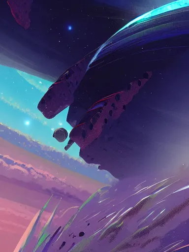 Image similar to concept art of an alien outer space galaxy, open expanse, stars, meteorites, floating debris, beautiful, fantasy, colorful, cinematic lighting, artstation, trending, highly detailed, focus, smooth, by studio ghibli, rossdraws, hirohiko araki, conrad roset, yoshitaka amano