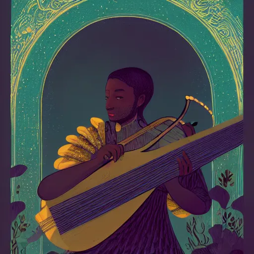 Prompt: dark - skinned male knight lute player playing the lute, victo ngai, kilian eng, lois van baarle, bald