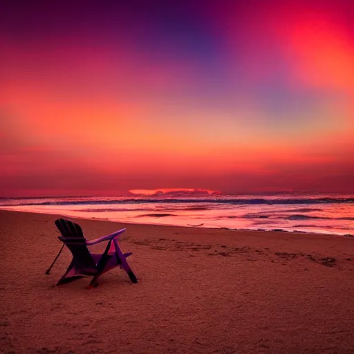 Prompt: purple chair on a red beach with nebula sunset