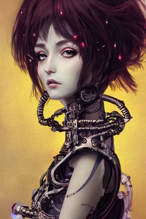 Prompt: portrait of beautiful young gothic cyborg anime maiden. Anime, cyberpunk, Warhammer, highly detailed, artstation, illustration, art Gustav Klimt. Face by Ilya Kuvshinov, cute-fine-face, pretty face, realistic shaded Perfect face, fine details