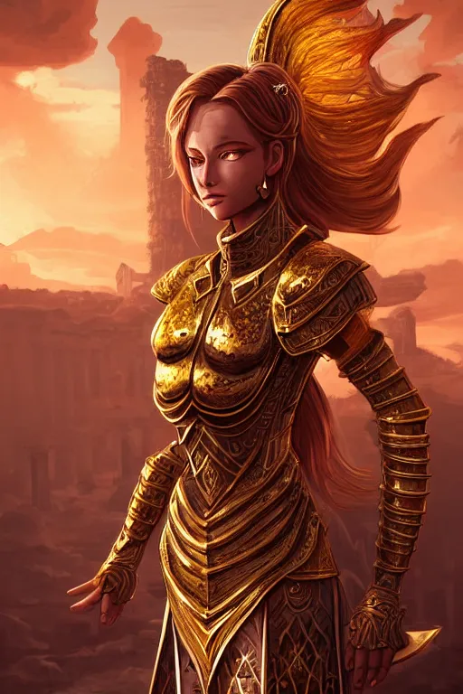 Image similar to portrait knights of zodiac girl, golden and copper reflected armor, karate pose, in ruined agora of athens sunrise, ssci - fi and fantasy, intricate and very very beautiful and elegant, highly detailed, digital painting, artstation, concept art, smooth and sharp focus, illustration, art by z - - ed deviantart