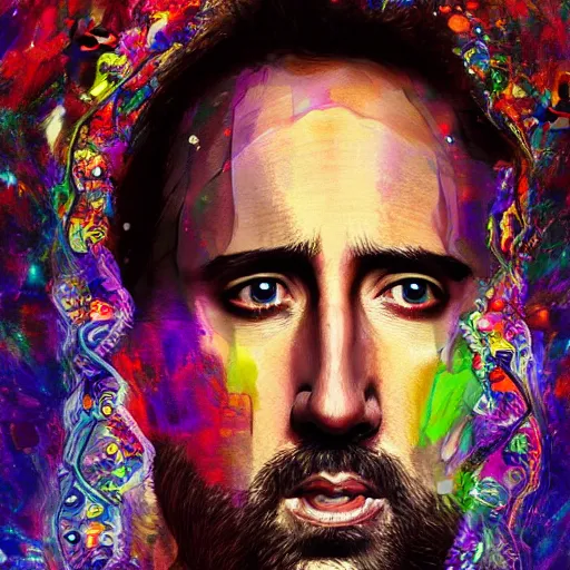Prompt: a portrait of nicholas cage as jesus on an acid trip, upper half portrait, robotic background, psychedelic painting on face, intricate, elegant, highly detailed, digital painting, trending on artstation, concept art, smooth sharp focus, illustration, art by artgerm and greg rutkowski