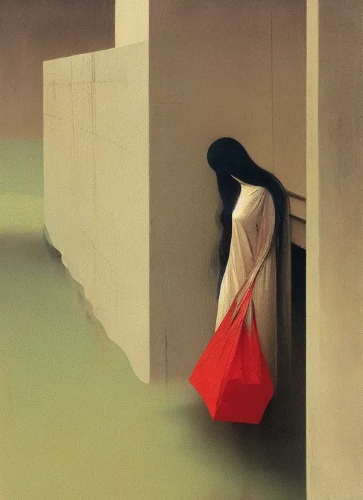 Image similar to woman dressed in transparent plastic bags, paper bags in hands and over the head, on flooded street Edward Hopper and James Gilleard, Zdzislaw Beksinski, highly detailed