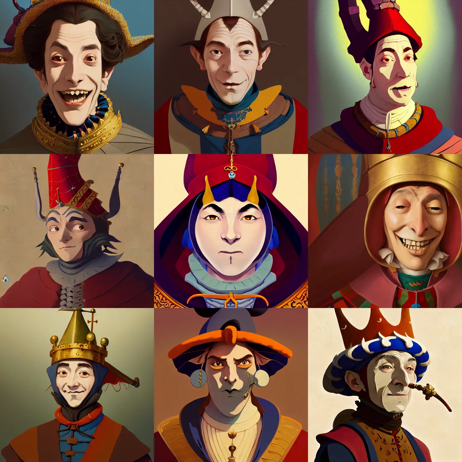 Prompt: portrait of a medieval court jester, artstation, elegant, highly detailed, digital painting, concept art, smooth, sharp focus, illustration, art by studio ghibli, fujita goro, atey ghailan, tom whalen, jean giraud 8 k