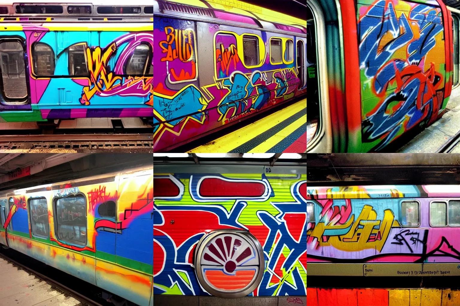 Prompt: 1980s NYC subway car colorful end to end burner, graffiti, street art, wild style
