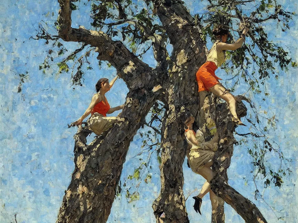 Image similar to tall woman climbing a tree, 1 9 6 0, denis sarazhin, oil on canvas