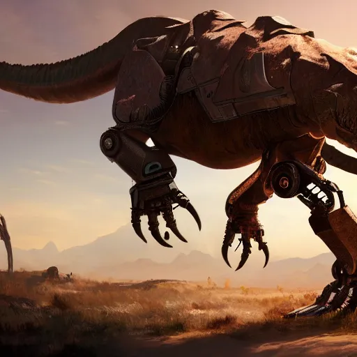 Image similar to an ultrawide photo of a robotic t - rex, horizon forbidden west concept art, highly detailed, 8 k