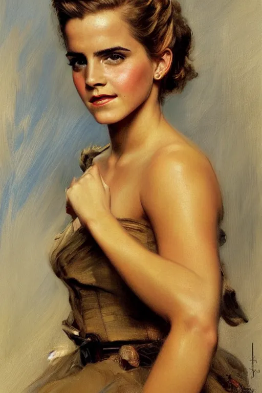 Image similar to detailed portrait of a beautiful emma watson 1 9 5 0 s hairstyle muscular, painting by gaston bussiere, craig mullins, j. c. leyendecker