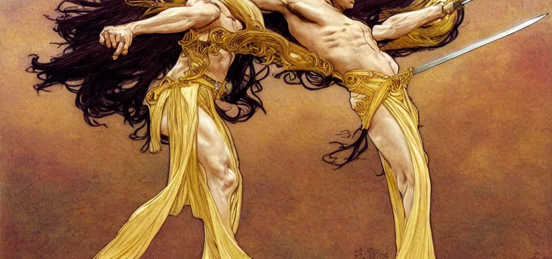 Image similar to a dual wielding golden swordsman leans back as he dances elegantly in the wind, his robes and long hair flowing in the breeze, his enemies lying on the ground below, fantasy, Mucha, MTG, Game of Thrones, salsa dancing, Rossetti, Millais, anatomically correct