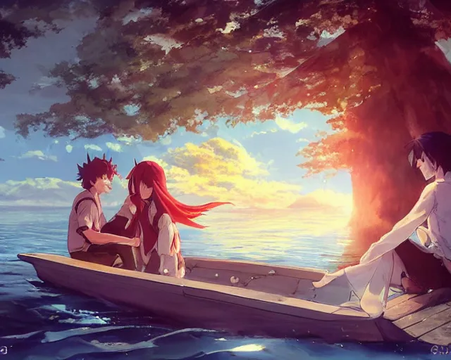 Prompt: a boy and a girl with long flowing auburn hair sitting together in a boat. Atmospheric lighting, long shot, romantic, boy and girl are the focus, trees, blue water. Anime. By Makoto Shinkai, Stanley Artgerm Lau, WLOP, Rossdraws, James Jean, Andrei Riabovitchev, Marc Simonetti, krenz cushart, Sakimichan, D&D trending on ArtStation, digital art.