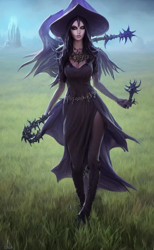 Image similar to medium shot of dark elf witch in field, sunny, highly detailed, d & d, fantasy, highly detailed, digital painting, trending on artstation, concept art, sharp focus, illustration, global illumination, ray tracing, realistic shaded, art by artgerm and greg rutkowski and fuji choko and viktoria gavrilenko and hoang lap