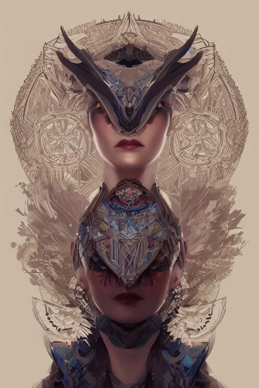 Image similar to symmetry!! portrait of woman with owl features in the style of horizon zero dawn, machine face, intricate, elegant, highly detailed, digital painting, artstation, concept art, smooth, sharp focus, illustration, art by artgerm and greg rutkowski and alphonse mucha, 8 k