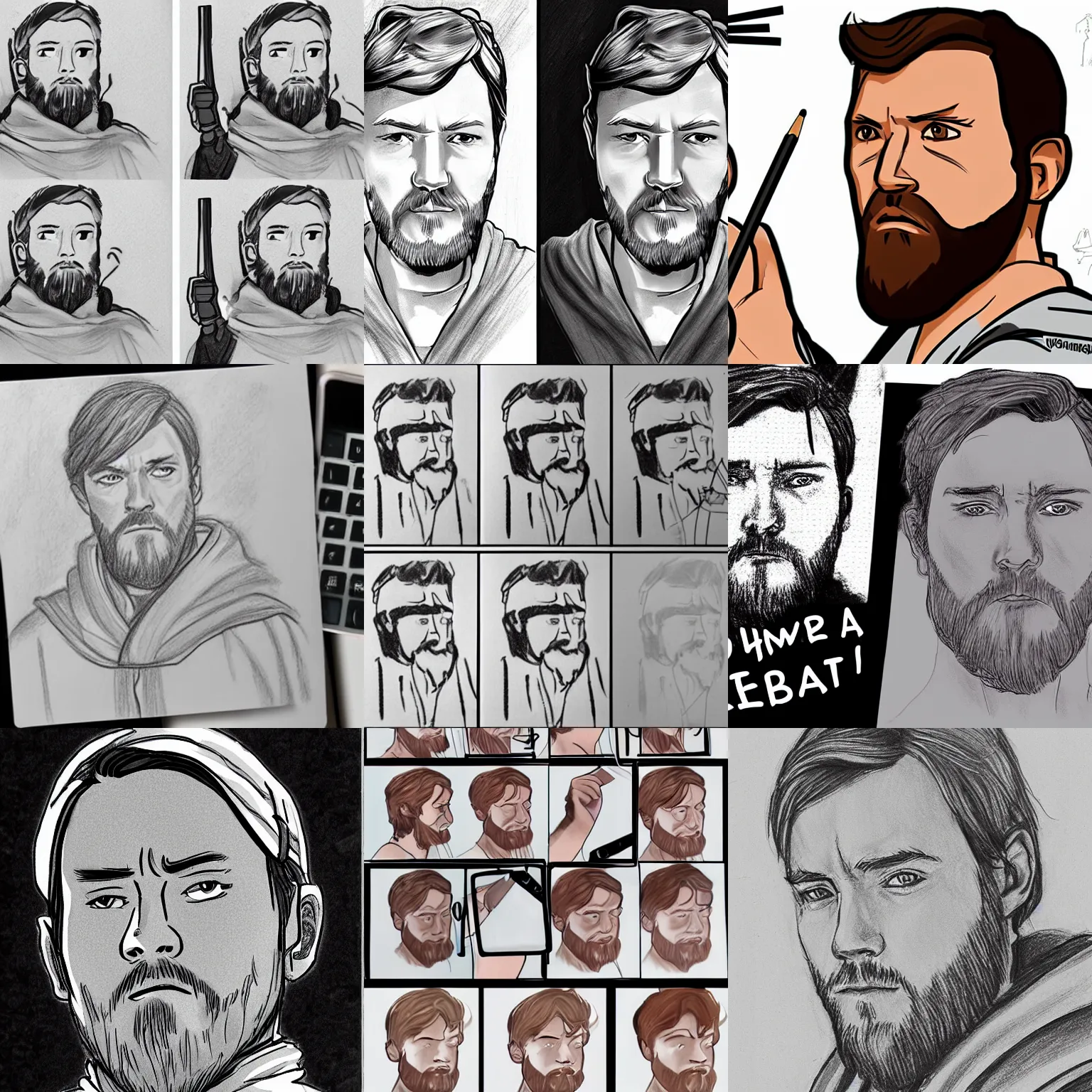 Prompt: a step by step drawing tutorial on obi wan taking a selfie,