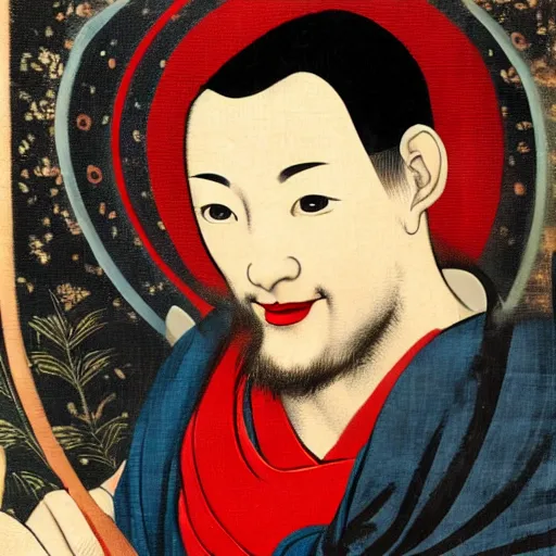 Image similar to portrait painting of happy Michelangelo di Lodovico in the style of ukiyoe