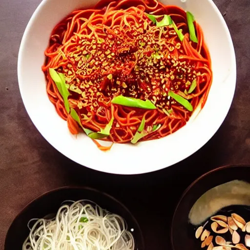 Prompt: a very very yummy and spicy looking bowl of sichuan dandan noodles