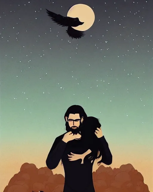 Image similar to portrait of a man with long black hair and beard holding his imaginary bird friend in his hands, full moon in the background, fine portrait, beautiful, concept art, by tomer hanuka