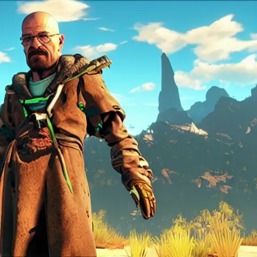 Image similar to walter white in horizon zero dawn world