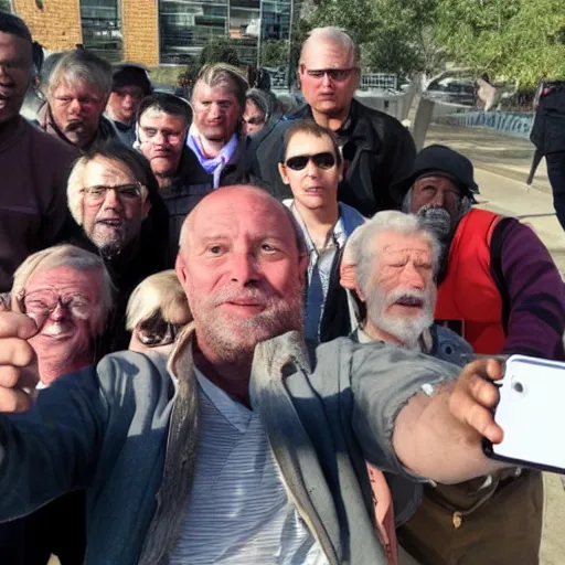 Prompt: a selfie of the president with a group of hobo supporters. symmetry, awesome exposition, very detailed, highly accurate, professional lighting diffracted lightrays, 8 k, sense of awe