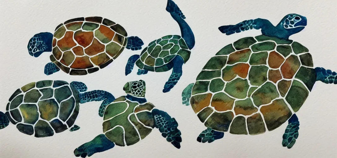 Image similar to has anyone really been far as decided to use even go want to do look more like. sea turtles for hands and sausage fingers. watercolor. the water tastes like burning