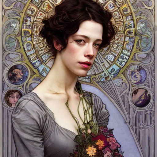 Prompt: highly detailed portrait of rebecca hall in the style of nicoletta ceccoli, by alphonse mucha, ayami kojima, yoshitaka amano, charlie bowater, karol bak, greg hildebrandt, jean delville, and mark brooks, 4 k resolution