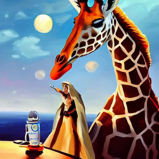 Image similar to a giraffe dressed like an astronaut drinking tea with queen isabel, trending on artstation, art by greg manchess, guangjian, detailed digital art, artstation hd