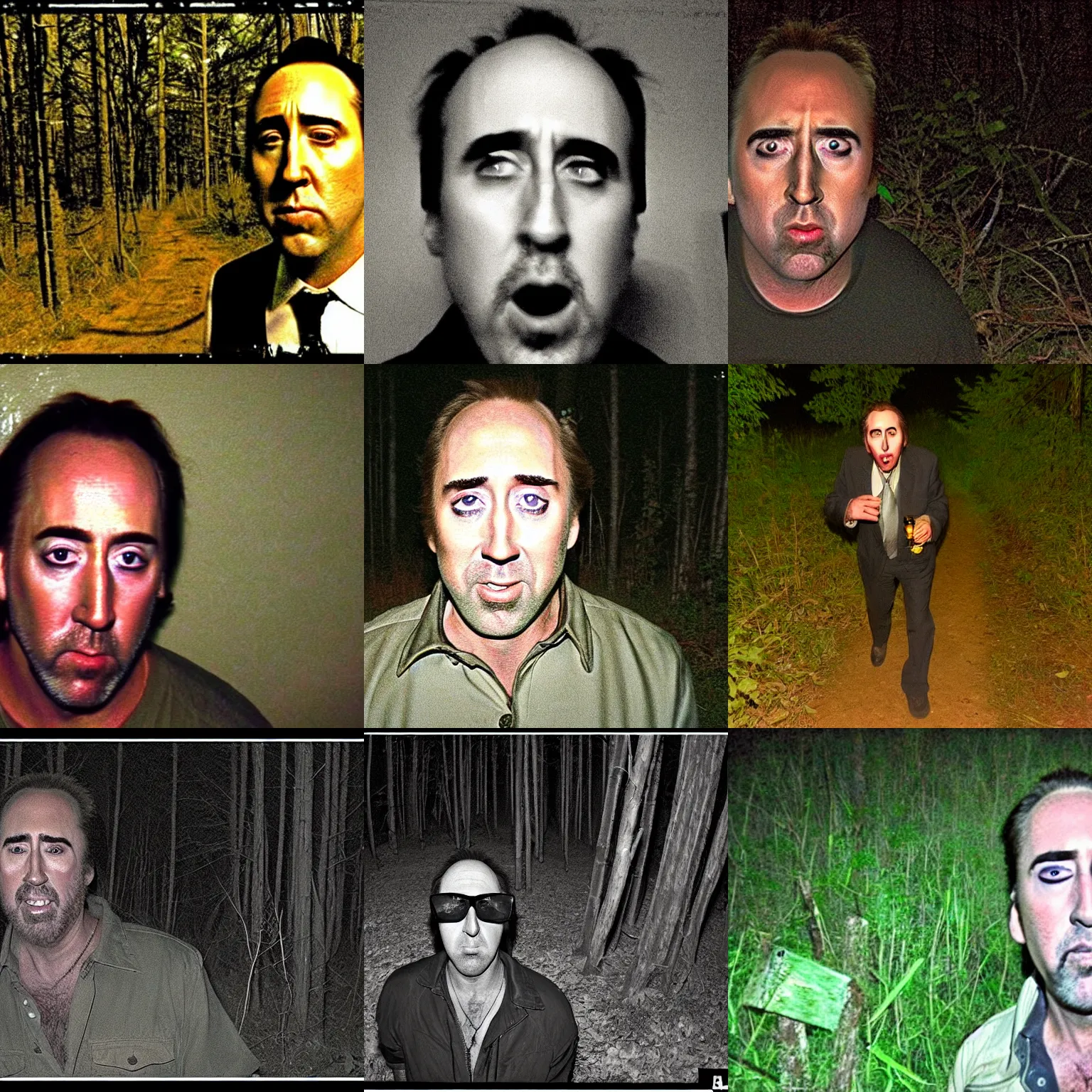Prompt: a creepy drunk Nicholas Cage caught on a trail cam in the middle of the night, nightvision
