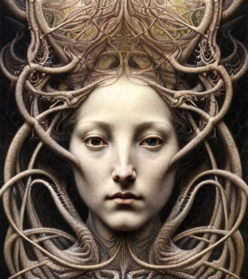 Prompt: detailed realistic beautiful light goddess face portrait by jean delville, gustave dore, iris van herpen and marco mazzoni, art forms of nature by ernst haeckel, art nouveau, symbolist, visionary, gothic, neo - gothic, pre - raphaelite, fractal lace, intricate alien botanicals, ai biodiversity, surreality, hyperdetailed ultrasharp octane render