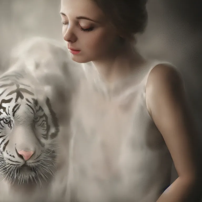 Prompt: hight focus of a wonderful realistic focused sweet wonderful symmetrical mid portrait of a lonely woman with a detailed majestic, large, semi transparent cream cotton dress who is wrestling with a realistic white tiger, dramatic light, octane render - 8 k