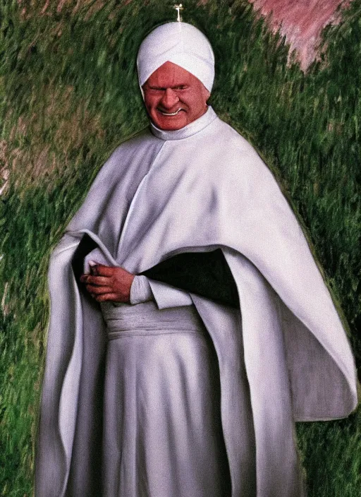 Image similar to white turban and shoulder pads with cape wearing john paul ii as piccolo from dragon ball z by claude monet