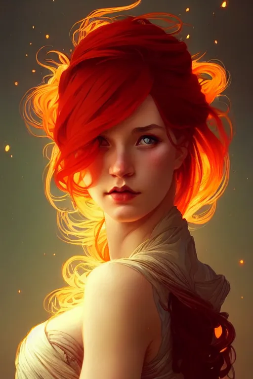 Image similar to a beautiful girl with fire hair, fantasy, portrait, sharp focus, intricate, elegant, digital painting, artstation, matte, highly detailed, concept art, illustration, ambient lighting, art by ilya kuvshinov, artgerm, Alphonse mucha, and Greg Rutkowski