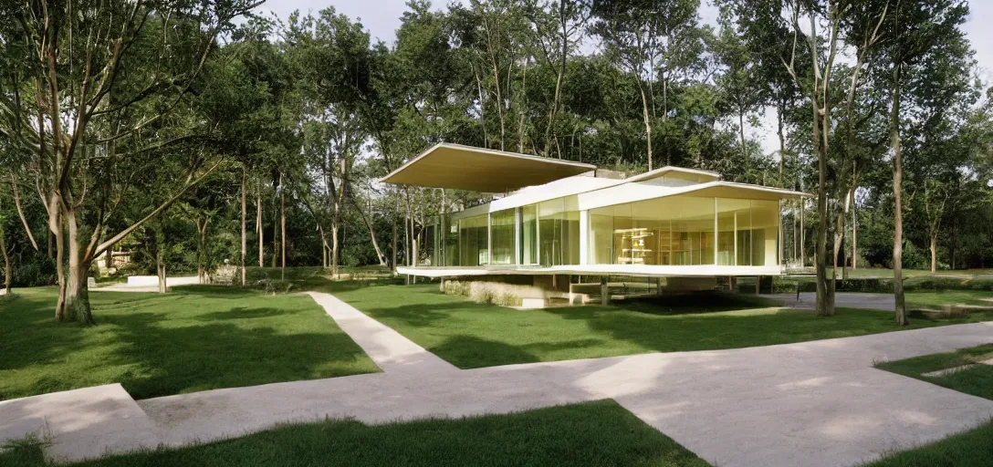 Image similar to single - family house designed by renzo piano. landscape design by peter walker.