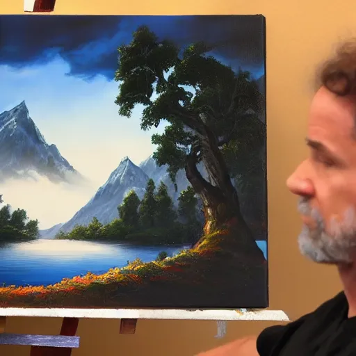 Image similar to a closeup photorealistic photograph of bob ross working on a canvas painting of dark knight. film still. brightly lit scene. mountains and trees. this 4 k hd image is trending on artstation, featured on behance, well - rendered, extra crisp, features intricate detail, epic composition and the style of unreal engine.