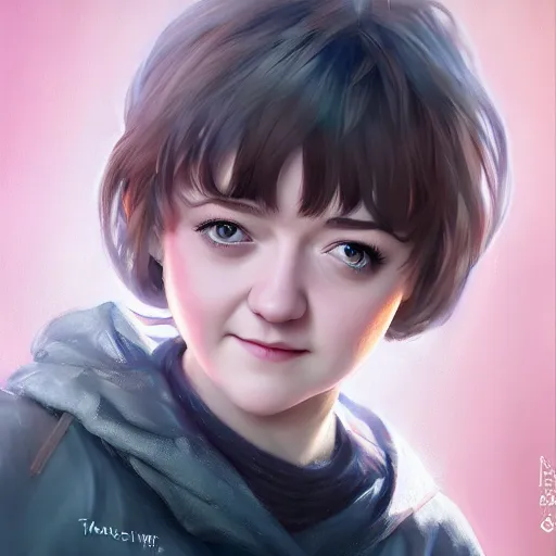 Image similar to realistic detailed semi-realism beautiful gorgeous natural cute excited happy Maisie Williams 4K high resolution quality artstyle professional artists WLOP, Aztodio, Taejune Kim, Guweiz, Pixiv, Instagram, Artstation