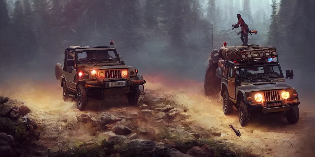 Image similar to Mahindra thar, malayalis attacking, furious action scene, an epic fantasy, dramatic lighting, cinematic, establishing shot, extremely high detail, photorealistic, cinematic lighting, artstation, by simon stalenhag, shadow of the tomb rider