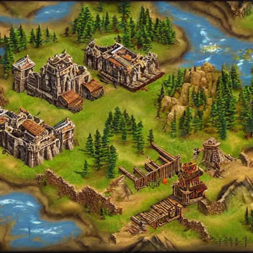 Image similar to isometric map of age of empires video game website , procedural, Travian, AOE2 , civilization, river, forest, cave, mountain, woods, hills, buildings, Insane Details, Digital Art, Epic Atmosphere, Extremely Detailed, aztecs