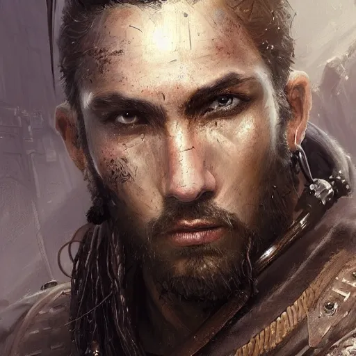 Image similar to Portrait of a man by Greg Rutkowski, a young, strong and hard-eyed warrior with brown hair with dreadlocks, wearing a futuristic tactical gear that looks like a mix between the samurai, viking and templar aesthetics, mix between tribal and hi-tech, highly detailed portrait, scifi, MMORPG, digital painting, artstation, concept art, smooth, sharp foccus ilustration, Artstation HQ