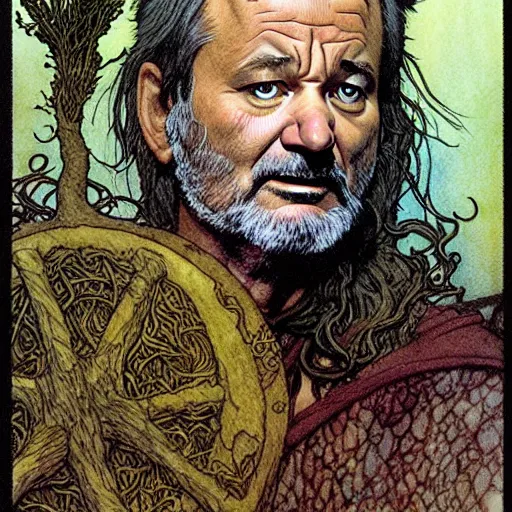 Prompt: a realistic and atmospheric high fantasy closeup portrait of bill murray as a mystical druidic warrior wizard doing an arcane pagan ritual by rebecca guay, michael kaluta, charles vess and jean moebius giraud
